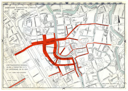 212088 Plattegrond van het noordelijke helft van de binnenstad van Utrecht; met weergave van het stratenplan en de ...